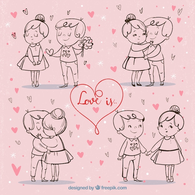 Free Vector cute vintage valentine couples sketches background