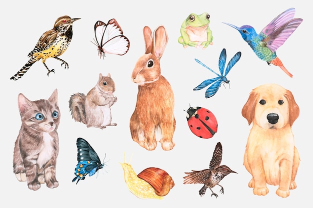 Free Vector cute watercolor animals and insects sticker set