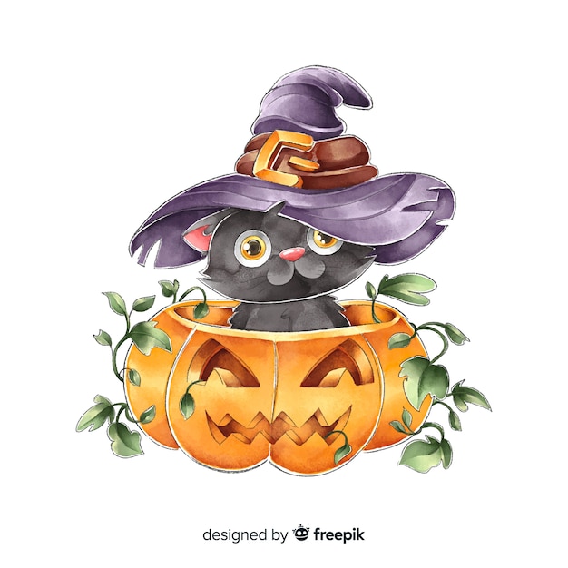 Cute watercolor halloween black cat with witch hat