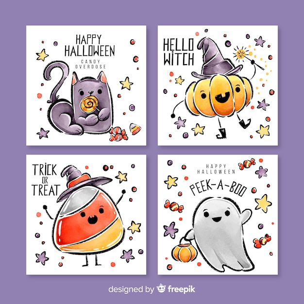 Free Vector cute watercolor halloween card collection