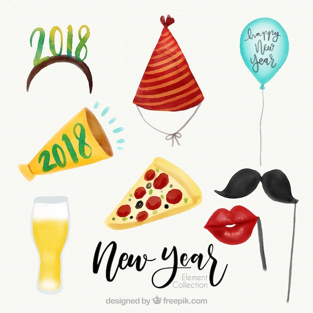 Free Vector cute watercolor new year party element collection