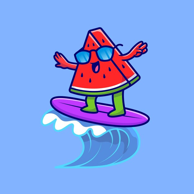 Cute Watermelon Surfing On Beach Cartoon   Icon Illustration. Food Summer Icon Concept Isolated  . Flat Cartoon Style