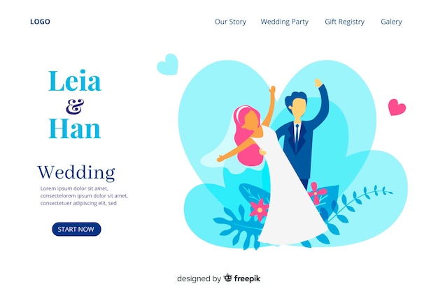 Cute wedding landing page with illustrations template