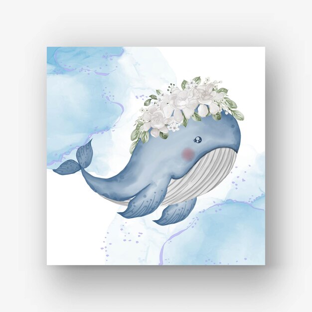 Cute whale with flower white watercolor illustration