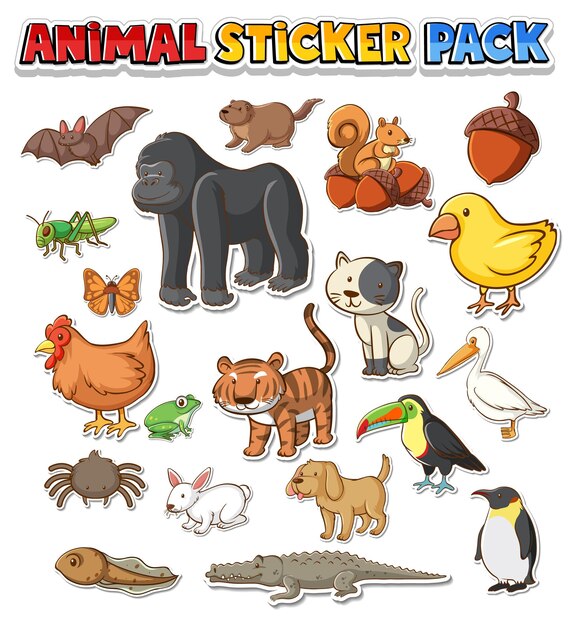 Cute wild animals sticker pack isolated