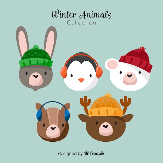 Cute winter animal faces collection