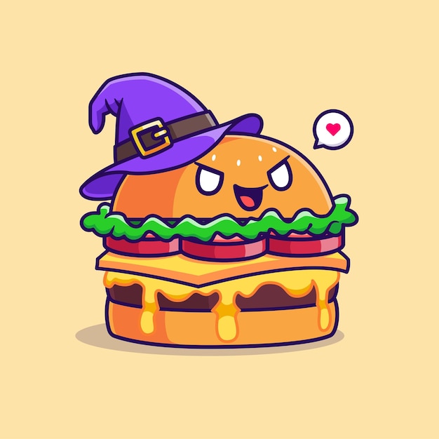 Free Vector cute witch burger cartoon vector icon illustration food holiday icon isolated flat vector