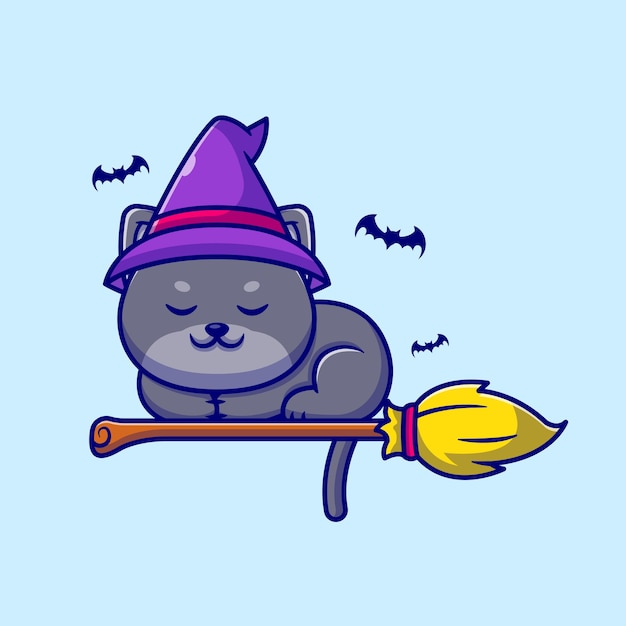 Free Vector cute witch cat sleeping on magic broom cartoon illustration.