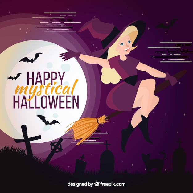 Free Vector cute witch flying on broom