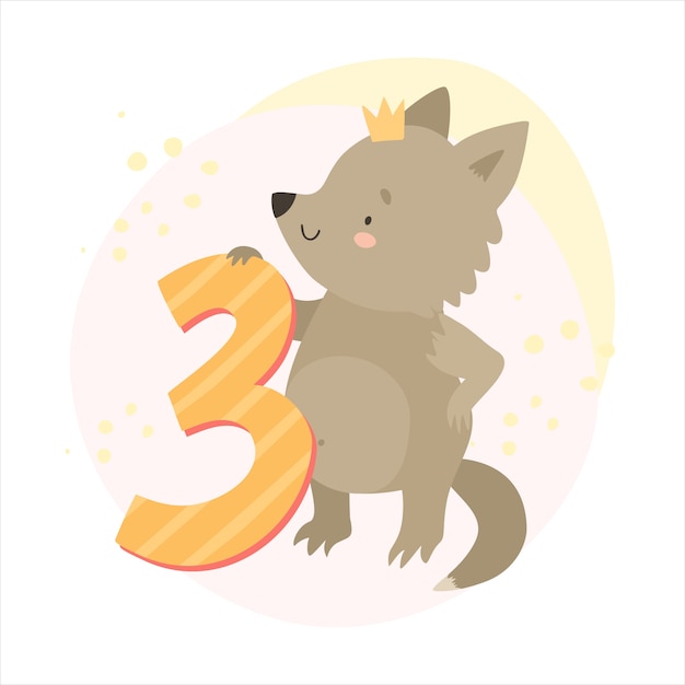 Free vector cute wolf and number 3