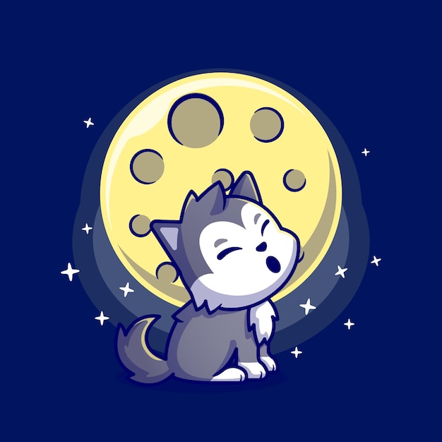 Cute Wolf Roar With Moon Cartoon Character. Animal Nature Isolated.