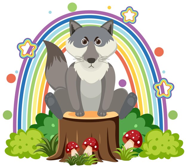 Cute wolf on stump in flat cartoon style