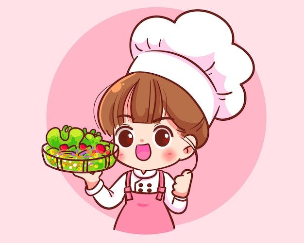 Free Vector cute woman chef holding vegetarian salad healthy restaurant food logo hand drawn cartoon art illustration