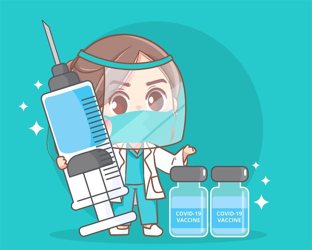 Free Vector cute woman doctor holding syringe vaccine covid-19 hand drawn cartoon art illustration