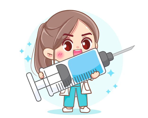 Free vector cute woman doctor holding syringe vaccine hand drawn cartoon art illustration