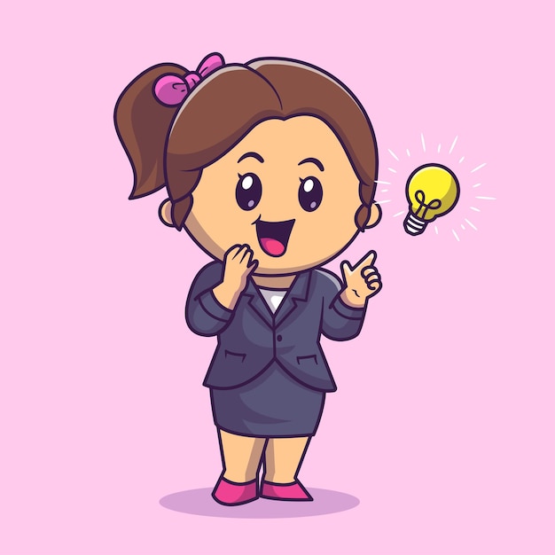 Cute Woman Get An Idea Cartoon Vector Icon Illustration. People Business Icon Concept Isolated Premium Vector. Flat Cartoon Style