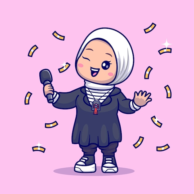 Free Vector cute woman hijab winning singing competition cartoon vector icon illustration people music isolated