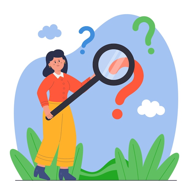 Free Vector cute woman looking at question marks through magnifying glass. curious person or analyst analyzing information, looking for answers to frequently asked questions flat vector illustration. faq concept