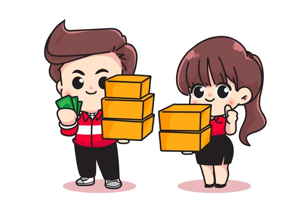 Cute woman and men holding cardboard and money ready to deliver character cartoon art illustration