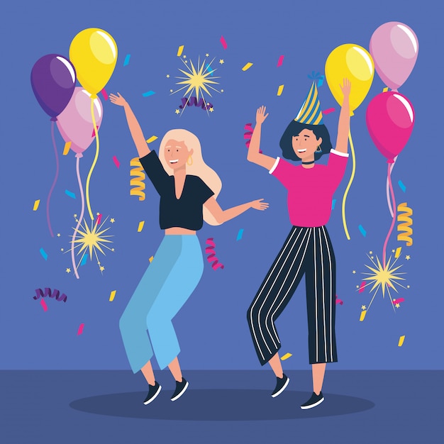 Free vector cute women dancing with balloons and confetti