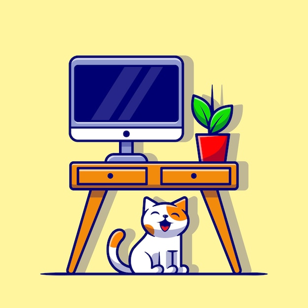 Cute Workspace With Cat And Plant Cartoon Vector Icon Illustration. Animal Nature Icon Concept Isolated Premium Vector. Flat Cartoon Style