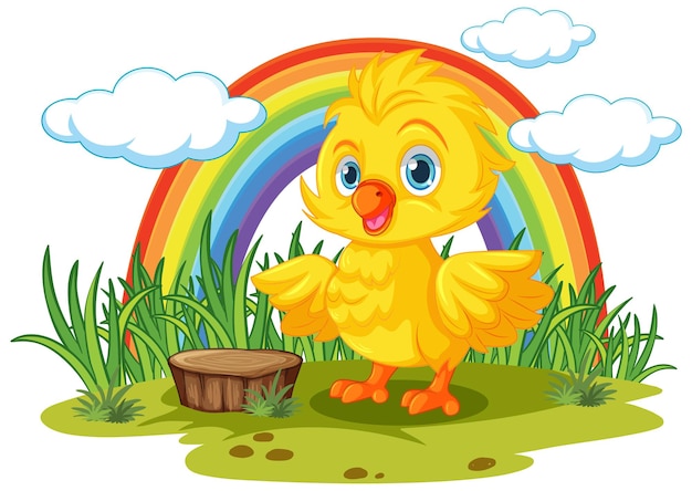 Cute Yellow Chick in Small Nature Scene