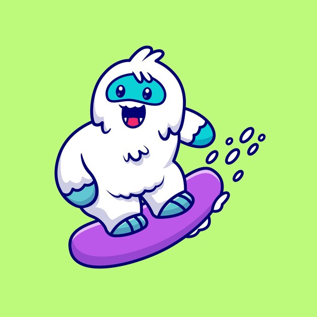 Cute Yeti Snowboarding Cartoon   Icon Illustration. Animal Sport Icon Concept Isolated  . Flat Cartoon Style