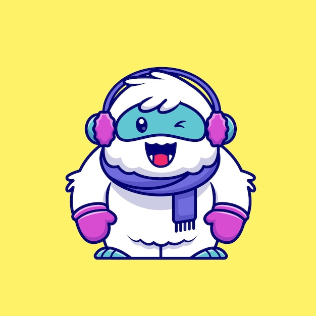 Cute Yeti Wearing Scarf, Glove And Earmuff Cartoon   Icon Illustration. Animal Winter Icon Concept Isolated  . Flat Cartoon Style