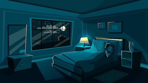 Cute young woman sleeping in bedroom at night, cartoon interior.