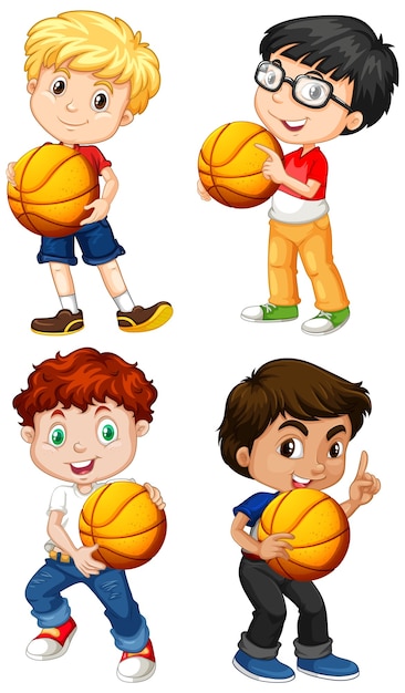 Free vector cute youngboy cartoon character holding basketball