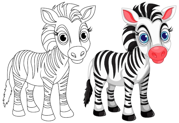 Free Vector cute zebra cartoon animal and its doodle coloring character