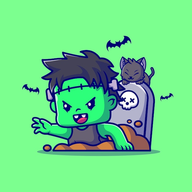 Free Vector cute zombie frankenstein from the grave cartoon  illustration. people halloween  concept isolated . flat cartoon style