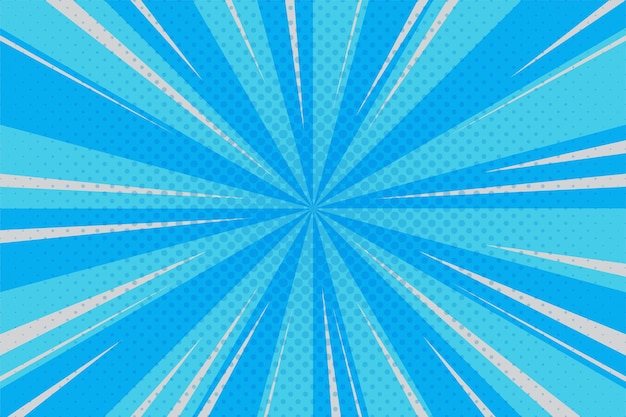 Cyan, blue rays spiral sunburst background in comic style