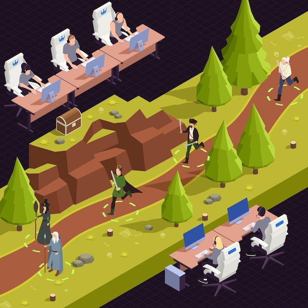 Cyber game isometric with online strategy symbols illustration