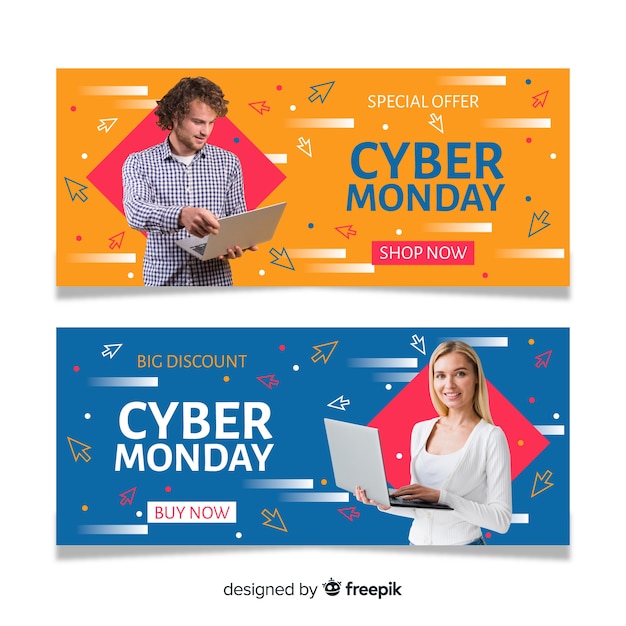 Cyber monday banners with photo in flat design