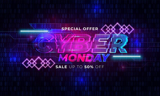 Cyber Monday concept banner in fashionable neon style luminous signboard nightly advertising advertisement of sales rebates of cyber Monday Vector illustration for your projects