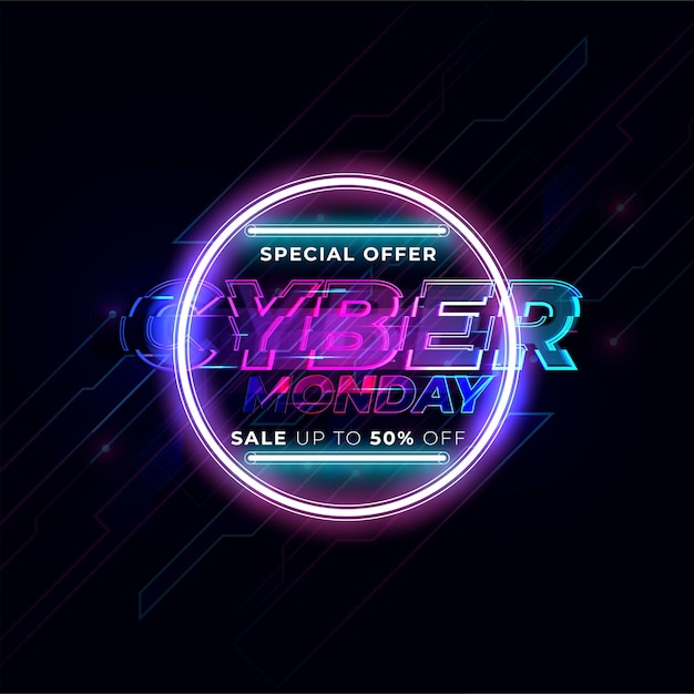 Free Vector cyber monday concept banner in fashionable neon style luminous signboard nightly advertising advertisement of sales rebates of cyber monday vector illustration for your projects