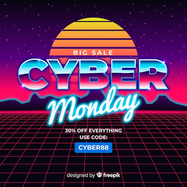 Free vector cyber monday concept with retro futuristic background