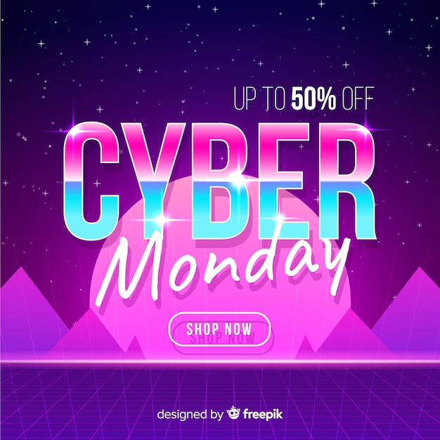 Cyber monday concept with retro futuristic background