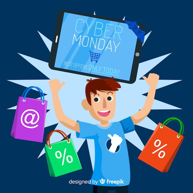 Free Vector cyber monday sale background with guy shopping in flat design