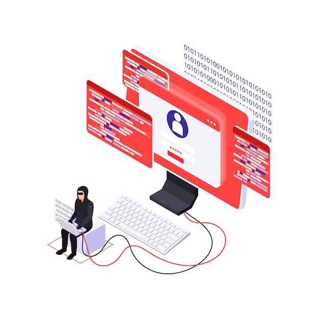 Free Vector cyber security concept with isometric character of hacker and spyware on computer