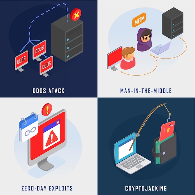 Free Vector cyber security isometric concept set with ddos attack symbols isolated vector illustration