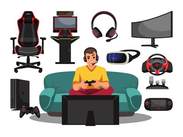 Cyber sport pro gamer equipment and accessory set Excited young man in headset with mic playing streaming video game match on console sitting front of television screen