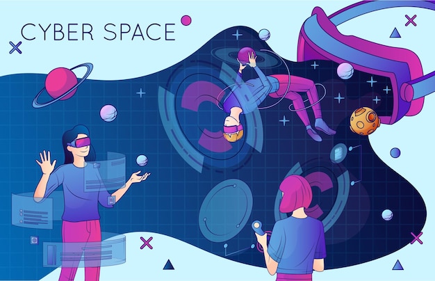 Free Vector cyberspace flat poster with people experiencing space exploration using virtual reality headset vector illustration