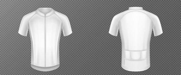 Free Vector cycling jersey, white bike t-shirt vector mockup, sports wear front and rear view. sport clothes, shirt with short sleeves template isolated on transparent background, realistic 3d illustration