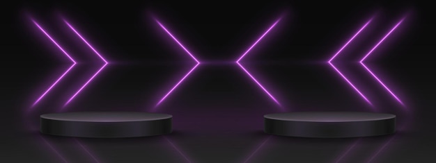 Free vector cylinder podium on stage with purple neon arrows