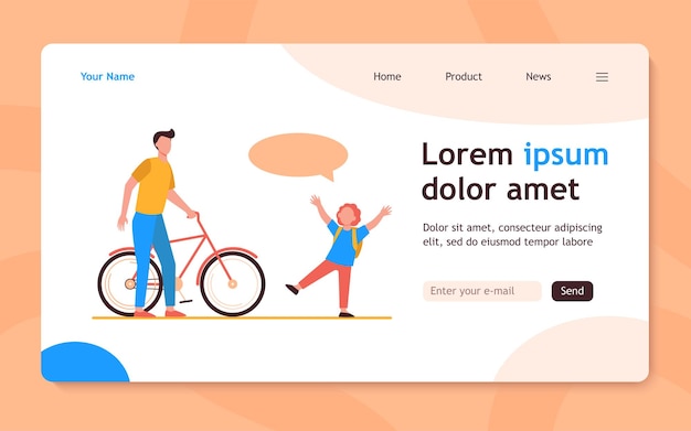 Free Vector dad giving bike to joyful son. red haired boy, speech bubble, bicycle flat  landing page. activity, childhood, family concept for banner, website design or landing web page