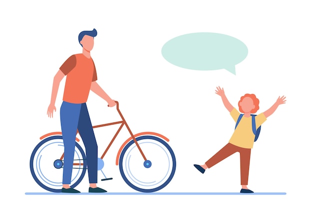 Free Vector dad giving bike to joyful son. red haired boy, speech bubble, bicycle flat vector illustration. activity, childhood, family concept 