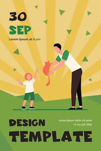 Free vector dad giving red cat to little sun. pet adoption, parent and child flat flyer template