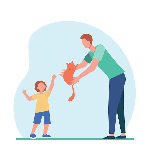 Dad giving red cat to little sun. Pet adoption, parent and child flat illustration.